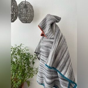 Gray Hooded Poncho with Colorful Trim